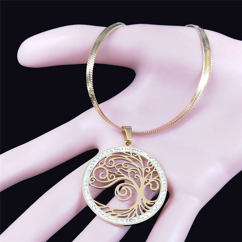 Tree of Life Crystal Stainless Steel Neckless Chain Women Gold Color Choker Necklaces Jewelry colier femme N19S02