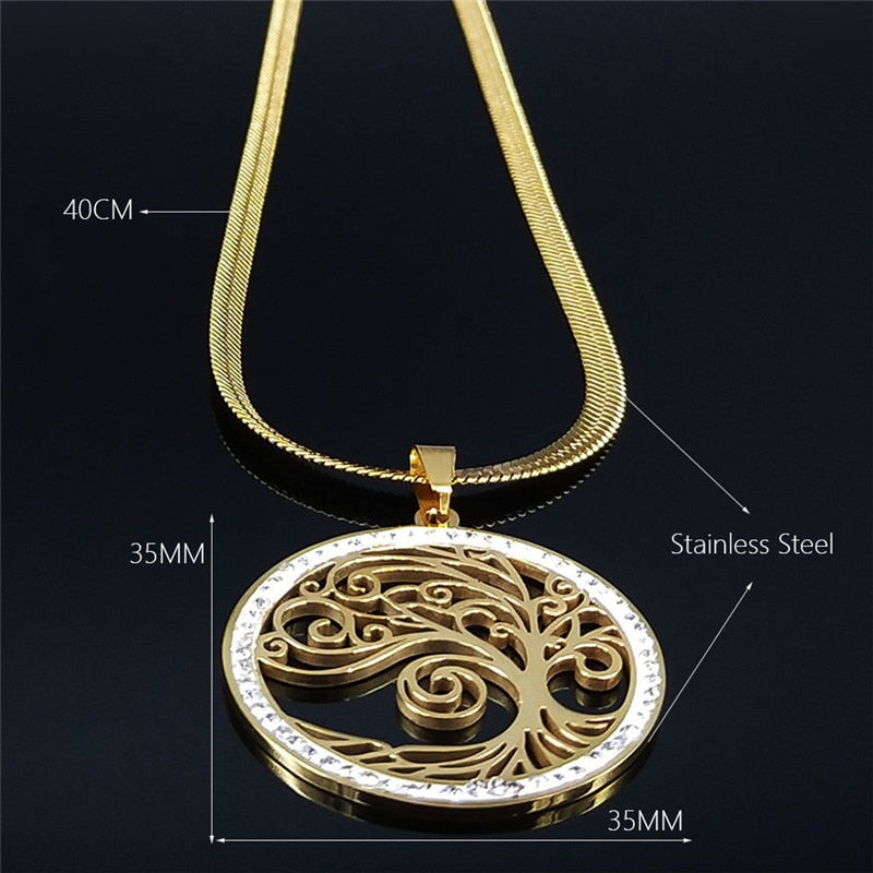 Tree of Life Crystal Stainless Steel Neckless Chain Women Gold Color Choker Necklaces Jewelry colier femme N19S02