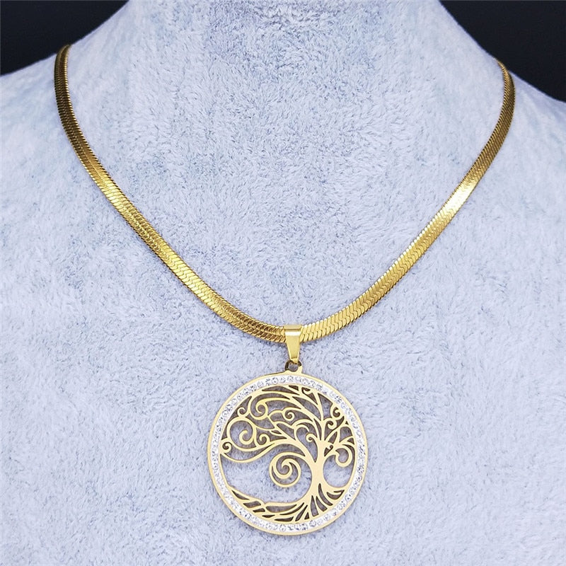 Tree of Life Crystal Stainless Steel Neckless Chain Women Gold Color Choker Necklaces Jewelry colier femme N19S02