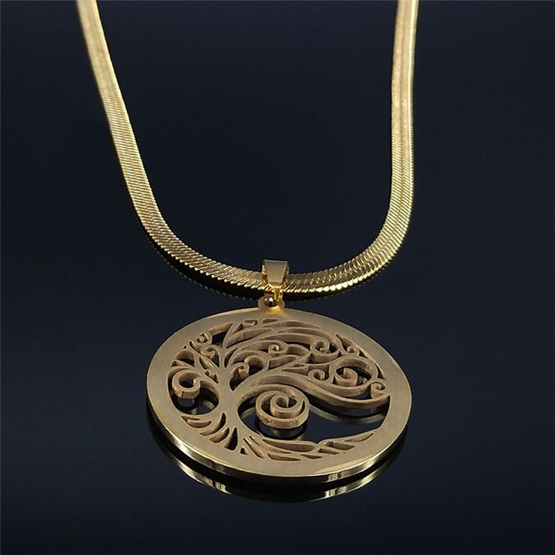 Tree of Life Crystal Stainless Steel Neckless Chain Women Gold Color Choker Necklaces Jewelry colier femme N19S02