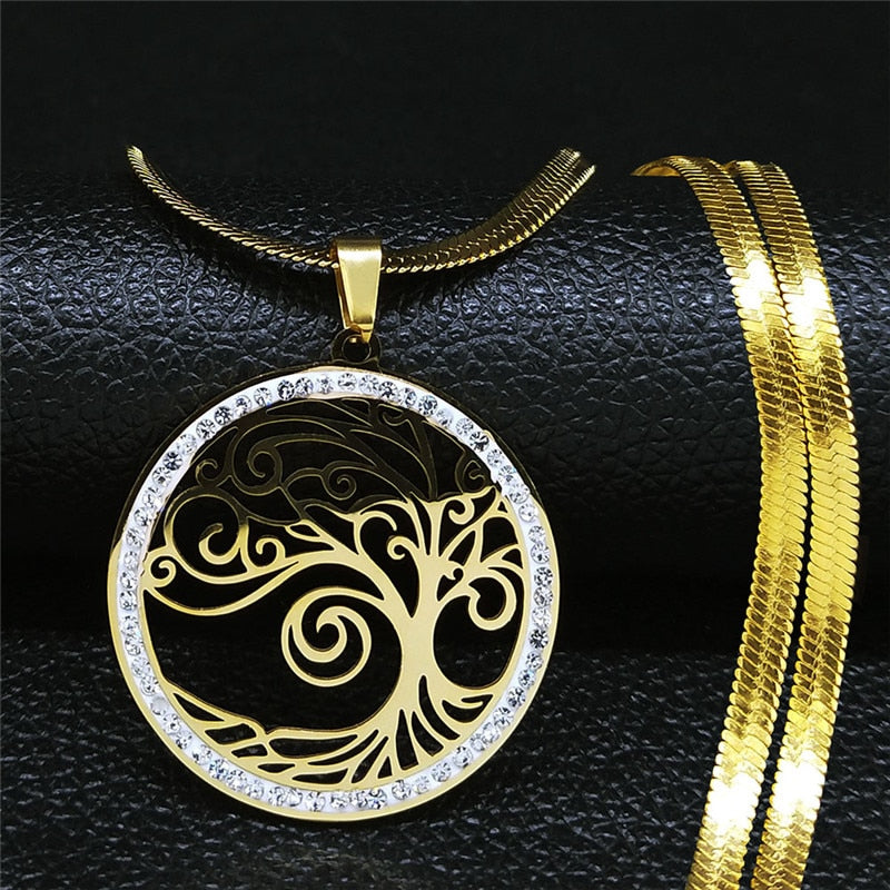 Tree of Life Crystal Stainless Steel Neckless Chain Women Gold Color Choker Necklaces Jewelry colier femme N19S02