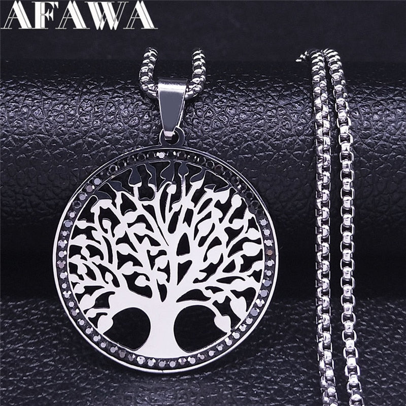 Tree of Life Stainless Steel Black Crystal Chain Necklaces Women/Men Round Silver Color Jewelry colier femme N4835S02