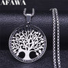 Tree of Life Stainless Steel Black Crystal Chain Necklaces Women/Men Round Silver Color Jewelry colier femme N4835S02
