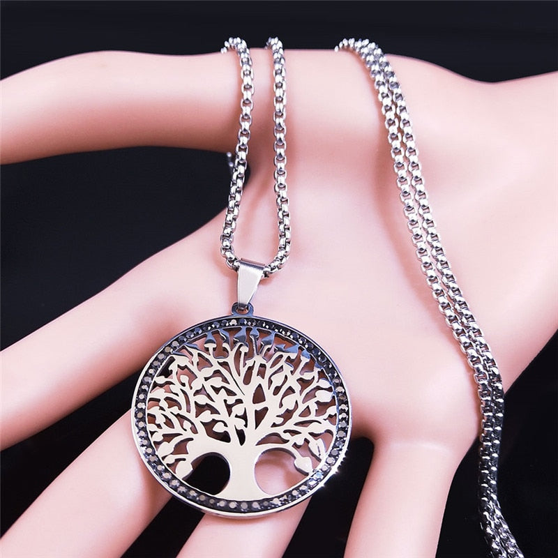 Tree of Life Stainless Steel Black Crystal Chain Necklaces Women/Men Round Silver Color Jewelry colier femme N4835S02