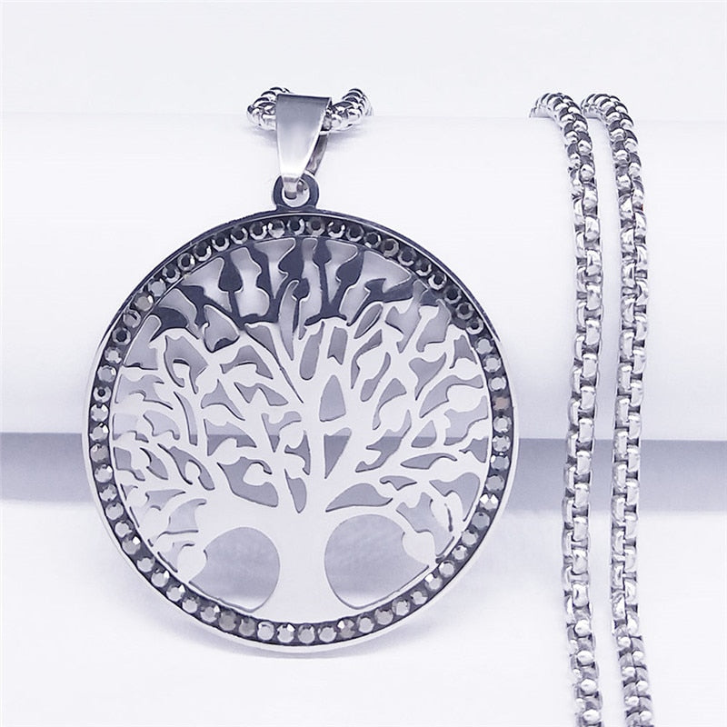 Tree of Life Stainless Steel Black Crystal Chain Necklaces Women/Men Round Silver Color Jewelry colier femme N4835S02