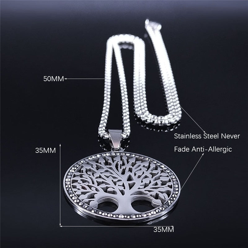 Tree of Life Stainless Steel Black Crystal Chain Necklaces Women/Men Round Silver Color Jewelry colier femme N4835S02