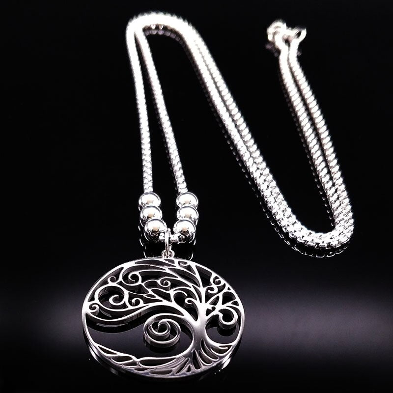 Tree of Life Stainless Steel Necklace Silver Color Big Necklace for Women Jewelry bisuteria mujer N18071