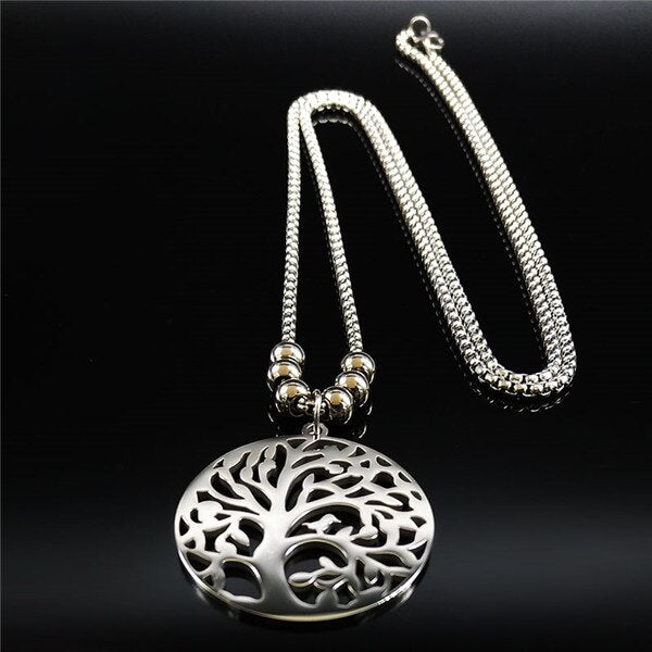 Tree of Life Stainless Steel Necklace Silver Color Big Necklace for Women Jewelry bisuteria mujer N18071