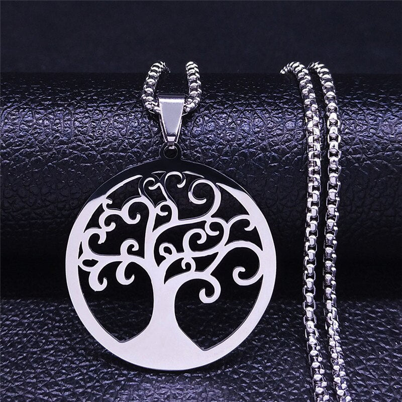 Tree of Life Stainless Steel Necklace Silver Color Big Necklace for Women Jewelry bisuteria mujer N18071