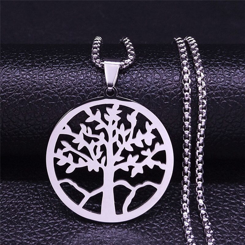 Tree of Life Stainless Steel Necklace Silver Color Big Necklace for Women Jewelry bisuteria mujer N18071