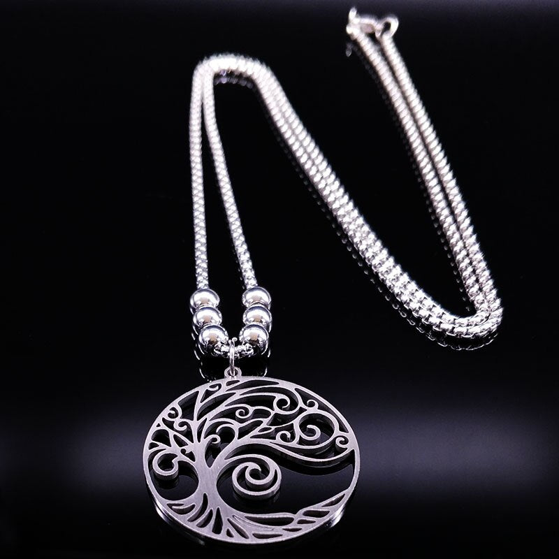 Tree of Life Stainless Steel Necklace Silver Color Big Necklace for Women Jewelry bisuteria mujer N18071