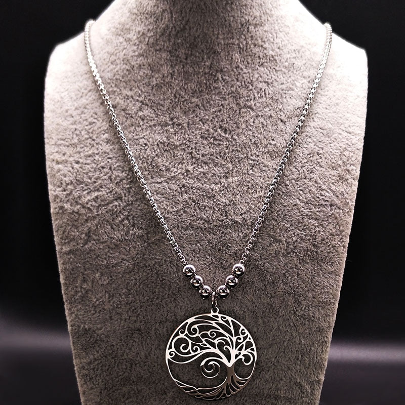 Tree of Life Stainless Steel Necklace Silver Color Big Necklace for Women Jewelry bisuteria mujer N18071