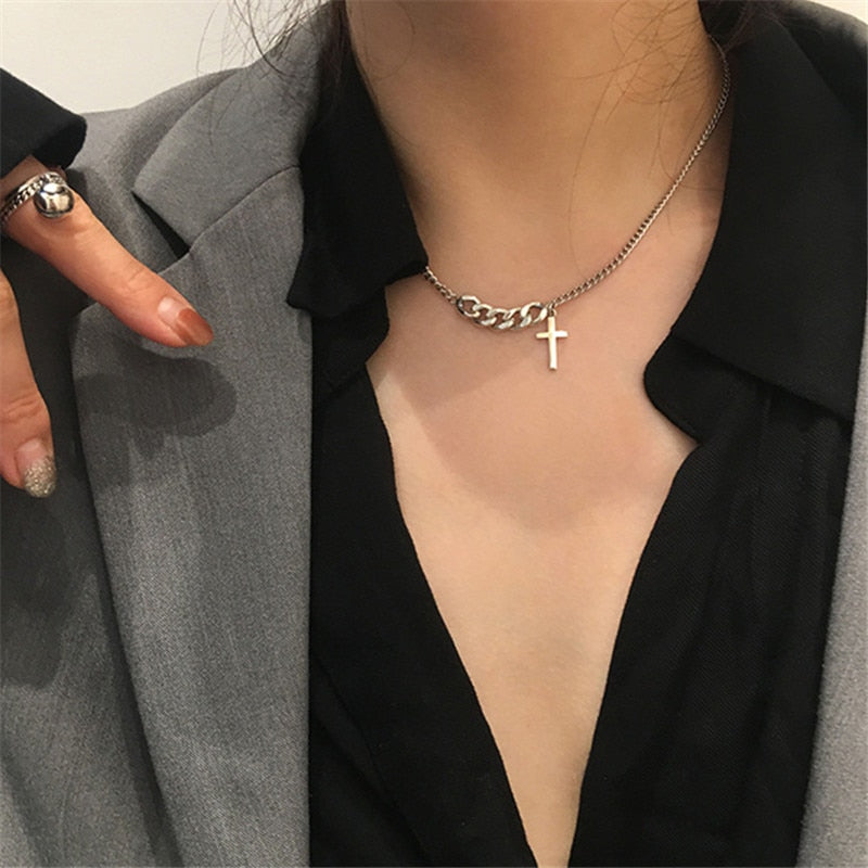 Trendy Chains Cross Pendants Choker Necklace for Woman 2021 Stainless Steel Color Religious Jewelry Gifts Male