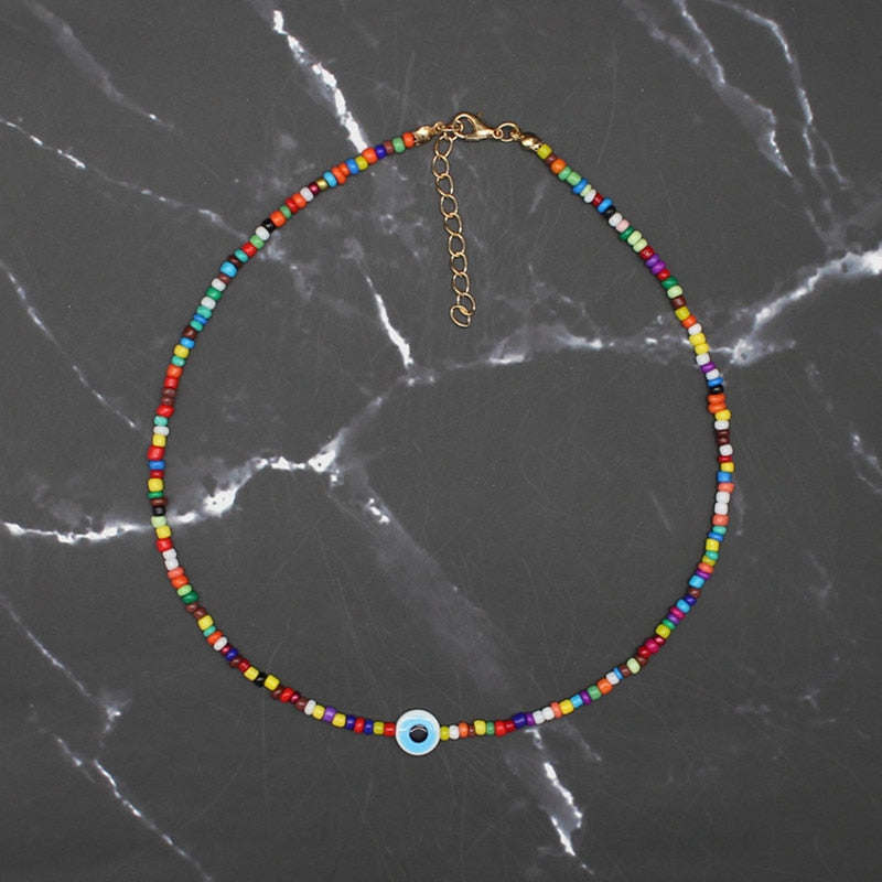 Turkish Evil Eyes Necklaces Women Bohemian Vintage Devil Pendant Choker Rainbow Seed Beads Party Collar Jewelry Gift