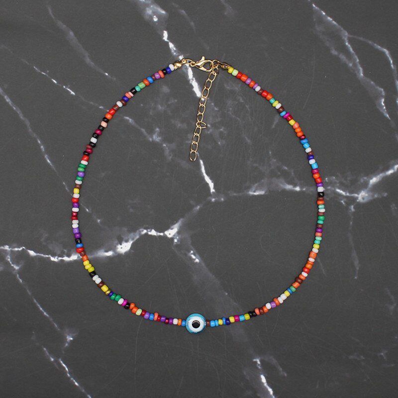 Turkish Evil Eyes Necklaces Women Bohemian Vintage Devil Pendant Choker Rainbow Seed Beads Party Collar Jewelry Gift