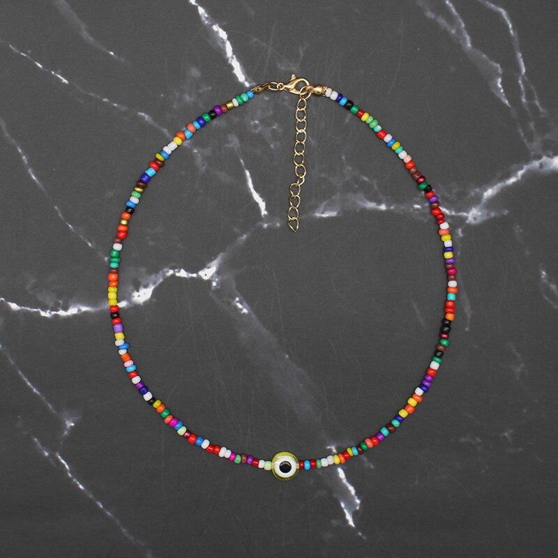 Turkish Evil Eyes Necklaces Women Bohemian Vintage Devil Pendant Choker Rainbow Seed Beads Party Collar Jewelry Gift