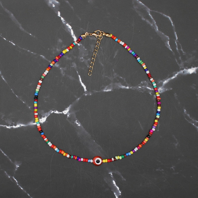 Turkish Evil Eyes Necklaces Women Bohemian Vintage Devil Pendant Choker Rainbow Seed Beads Party Collar Jewelry Gift