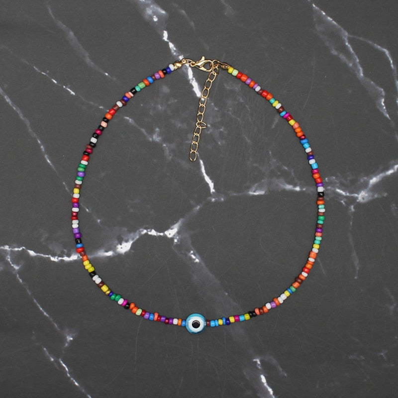 Turkish Evil Eyes Necklaces Women Bohemian Vintage Devil Pendant Choker Rainbow Seed Beads Party Collar Jewelry Gift