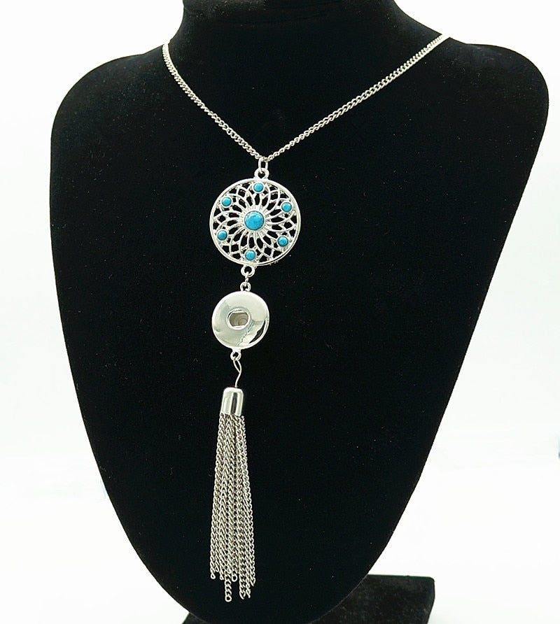 Fashion Turquoises Dreamcatcher pattern Tassels snap necklace chain 60cm fit 18MM snap buttons jewelry   DJ0069