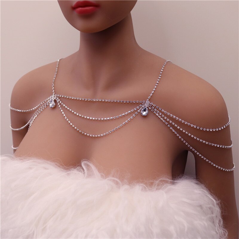 Unique Rhinestone Shoulder Chain Wedding Bridal Jewelry Sexy Shoulder Body Chain Bling Crystal Water Drop Necklace