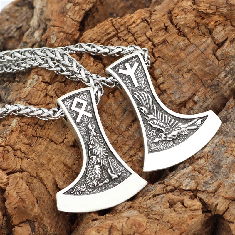 Viking Double-sided Axe Couple Necklace Men Odin Mounts Wolf Head Crow Pendant Woman Stainless Steel Chain Charm Jewelry