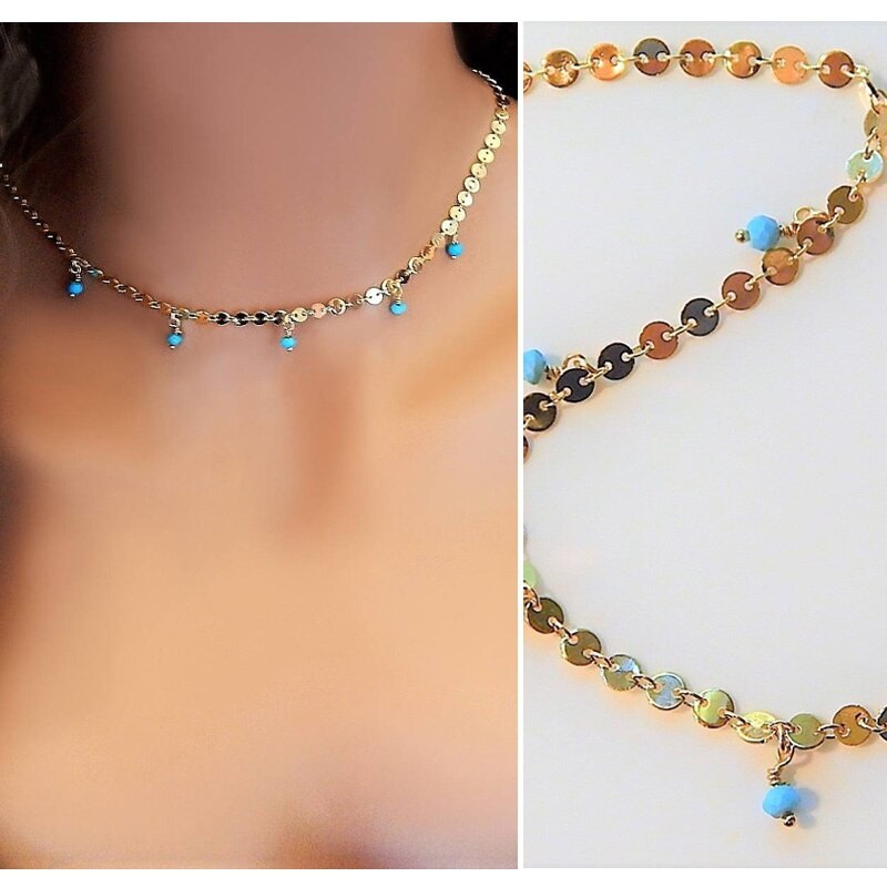 Vintage Gem Stone Green Turquoises Choker Necklace Girlfriend Gift Minimal Necklace Copper Chain Necklaces Jewelry Gifts