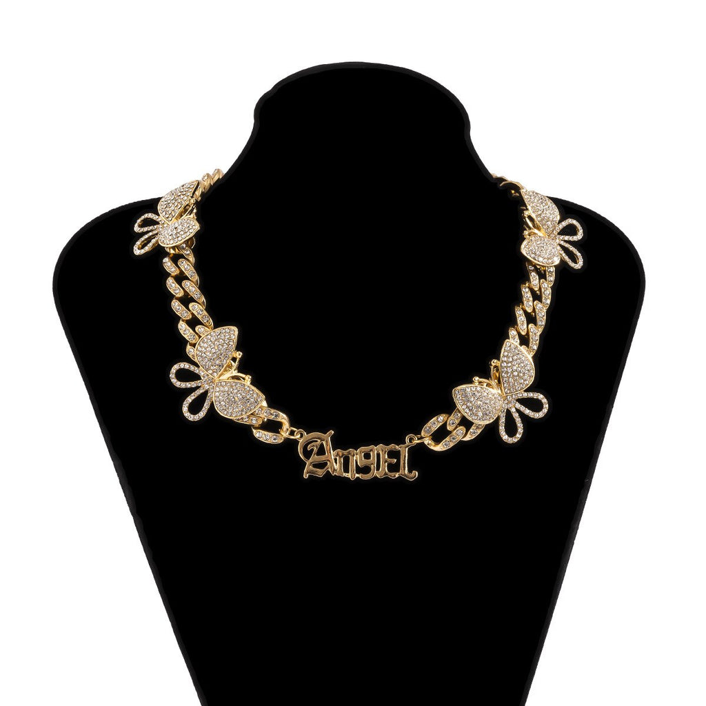 Vintage Punk Iced Out Crystal Rhinestones Letter Butterfly Chain Cuban Link Chain Necklace for Unisex Choker Jewelry