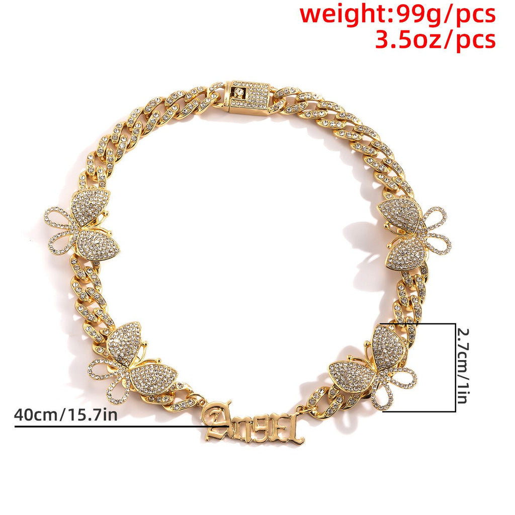 Vintage Punk Iced Out Crystal Rhinestones Letter Butterfly Chain Cuban Link Chain Necklace for Unisex Choker Jewelry