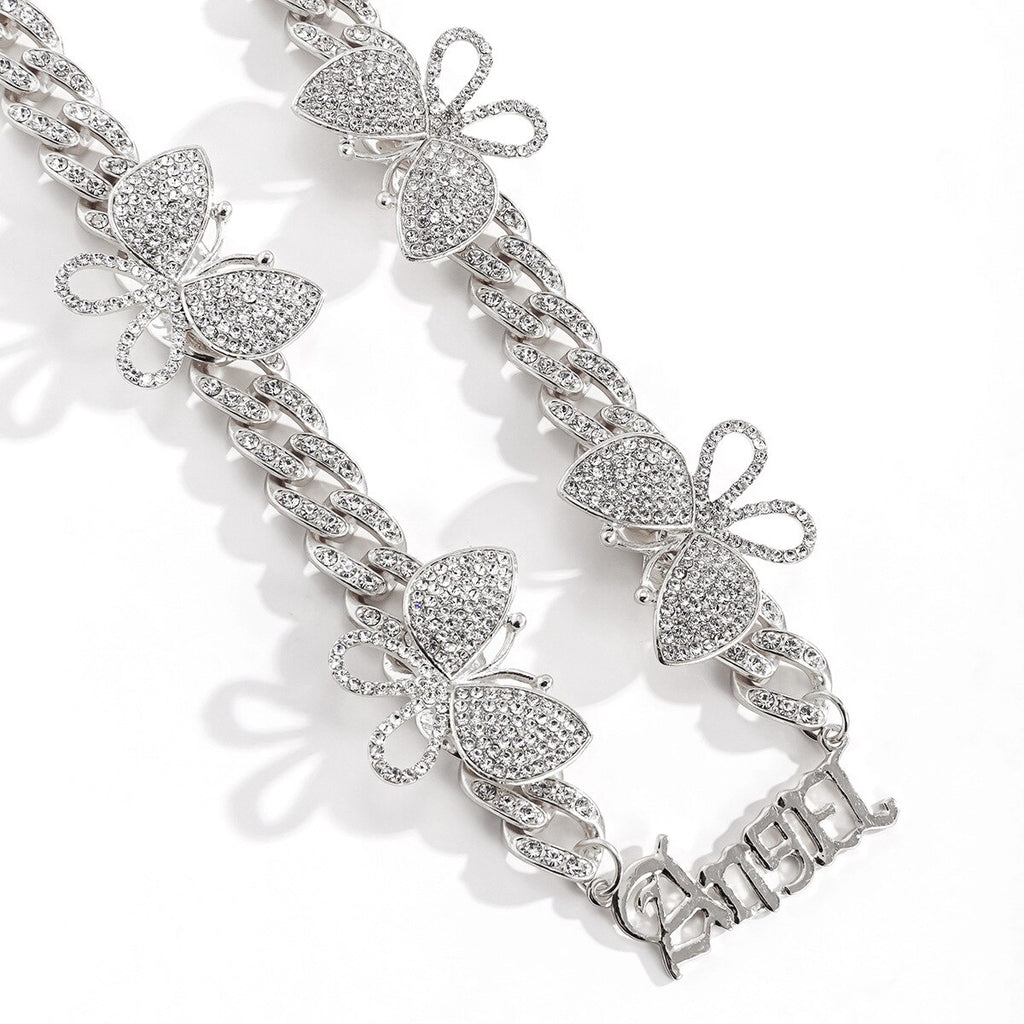 Vintage Punk Iced Out Crystal Rhinestones Letter Butterfly Chain Cuban Link Chain Necklace for Unisex Choker Jewelry