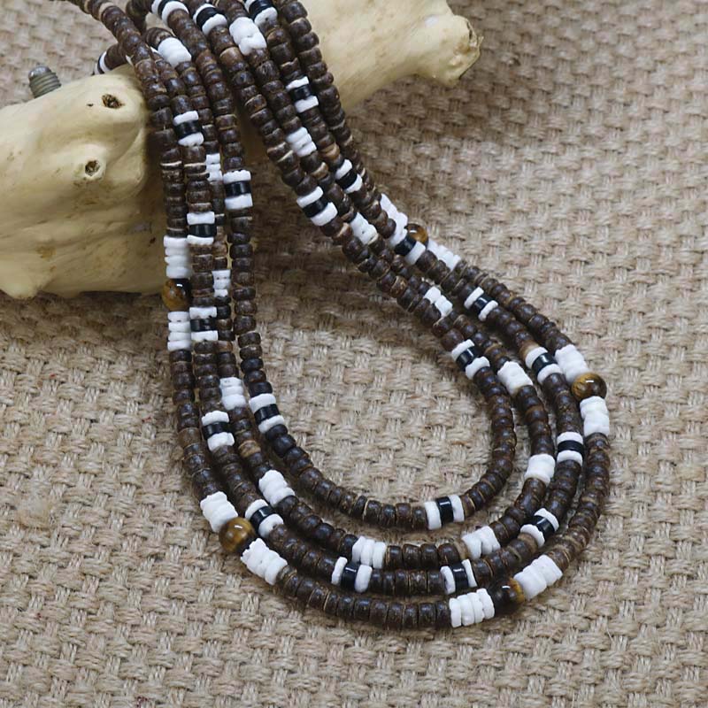Vintage Rustic Beaded Necklace Men Natural Coconut Shell Surfer Necklace For Men Tribal Jewelry Gift For Him CO-01