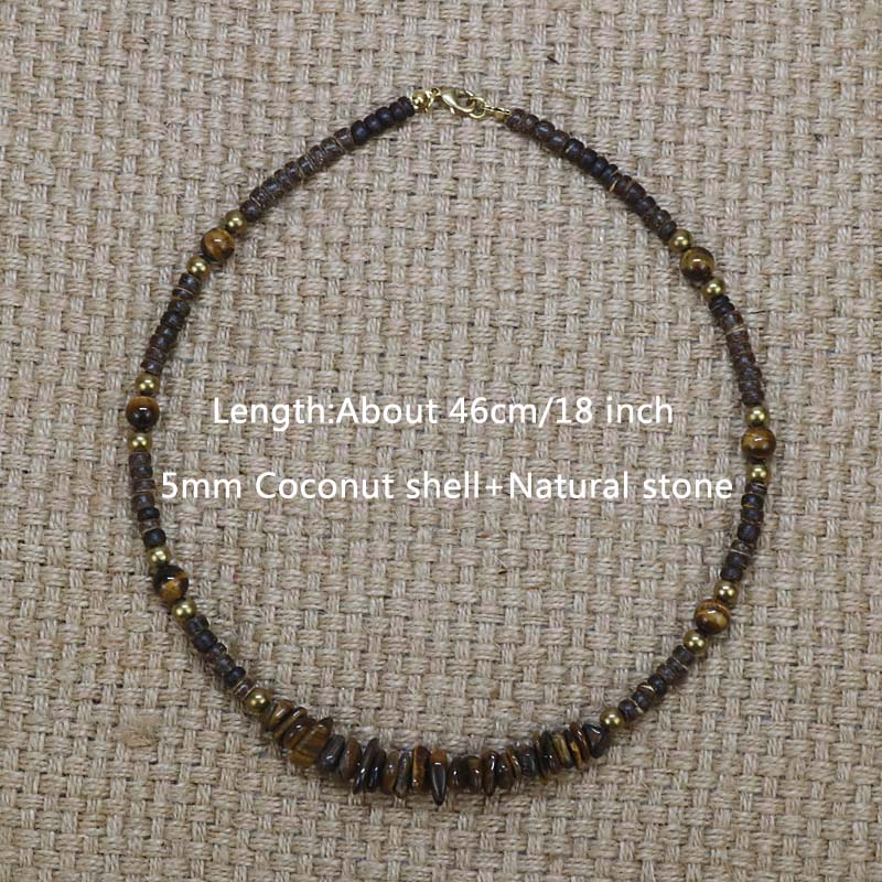 Vintage Tiger Eye Stone Beaded Necklace Men Coconut shell Tribal Ethnic Necklace Women Jewelry Gift For Him CO-09