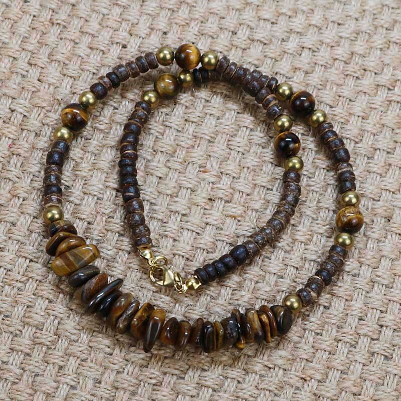 Vintage Tiger Eye Stone Beaded Necklace Men Coconut shell Tribal Ethnic Necklace Women Jewelry Gift For Him CO-09