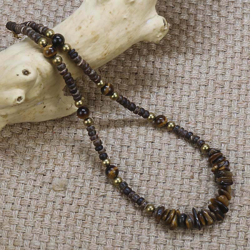 Vintage Tiger Eye Stone Beaded Necklace Men Coconut shell Tribal Ethnic Necklace Women Jewelry Gift For Him CO-09