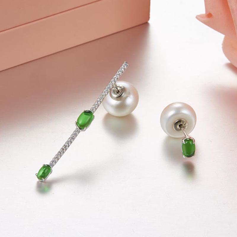 Fashion White Pearl Earrings Real 925 Sterling Silver Fine Jewelry Asymmetrical Green Stone Earrings Stud For Women