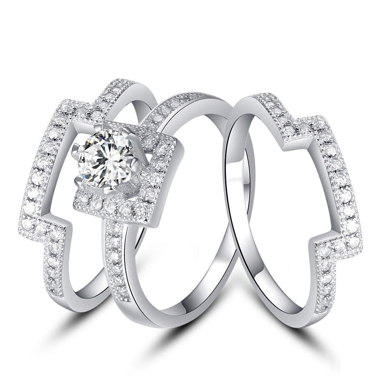 Fashion White Round CZ 925 Sterling Silver Square Stackable Promise Rings