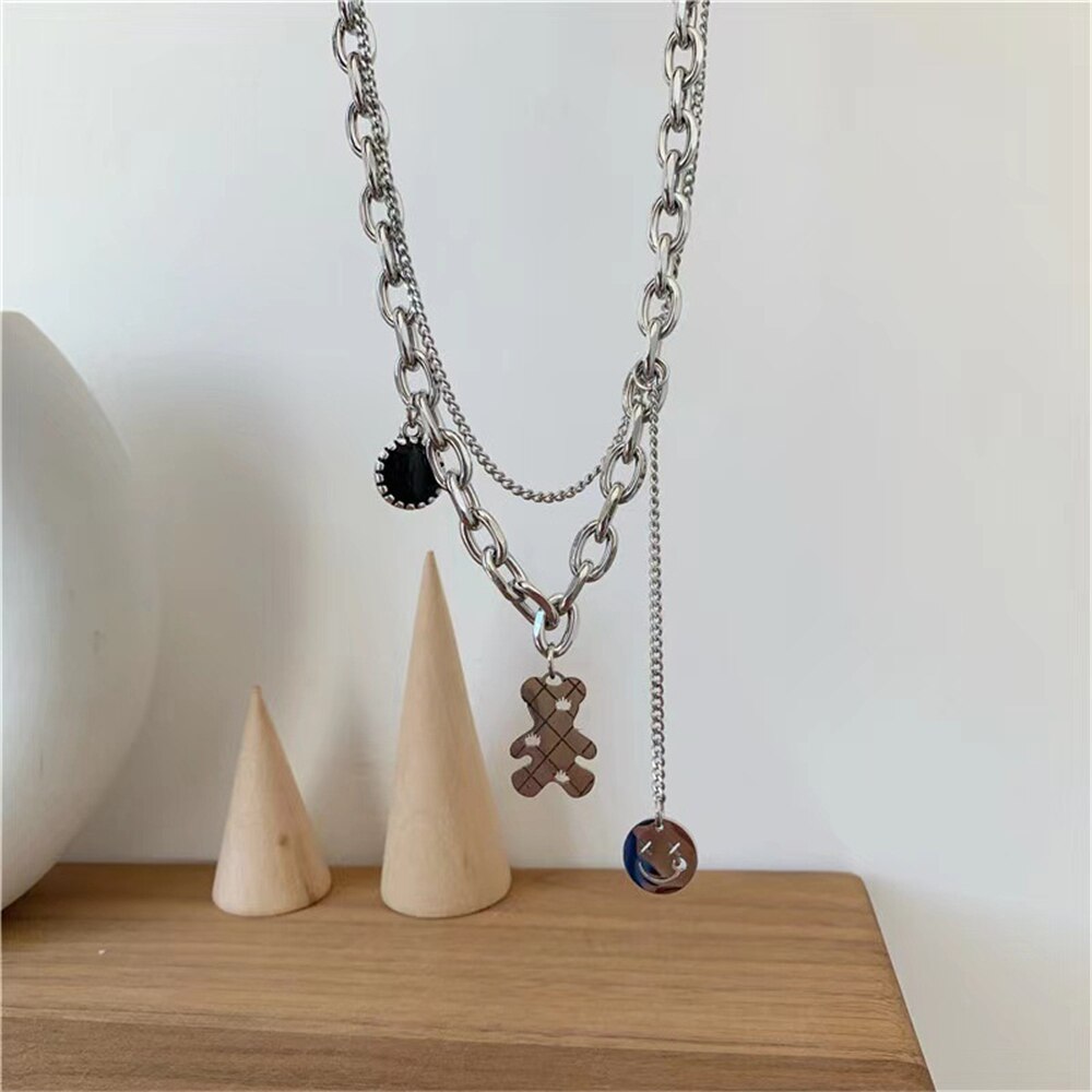 Wild Sweater Chain Simple Cute Bear Necklace For Women Ins Hip-hop Smiley Face Pendant Necklace Girl Party Jewelry Gifts