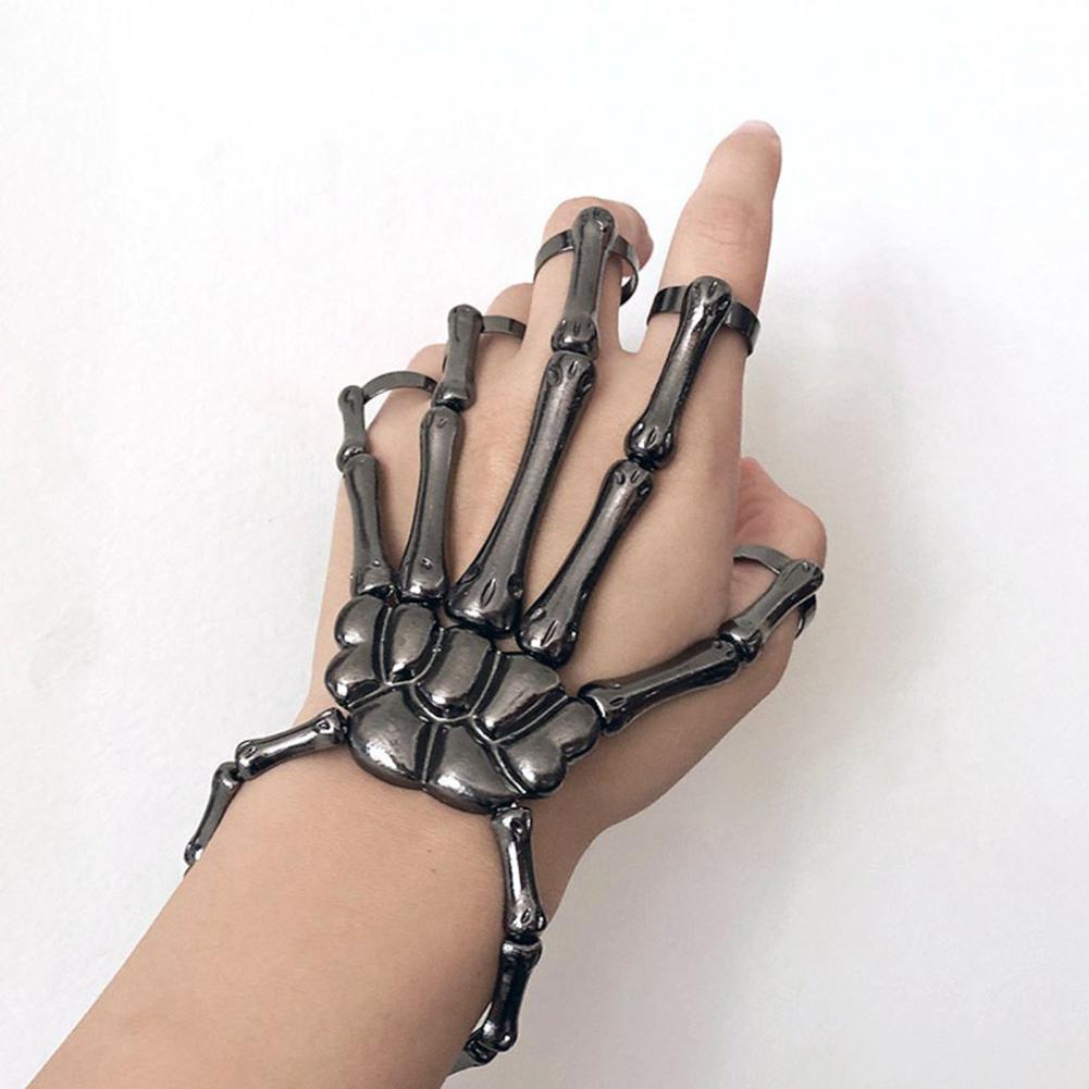 Women Adjustable Women Gothic Punk Skull Ghost Skeleton Finger Bracelet Hand Chain for Halloween Femme Party Accessories