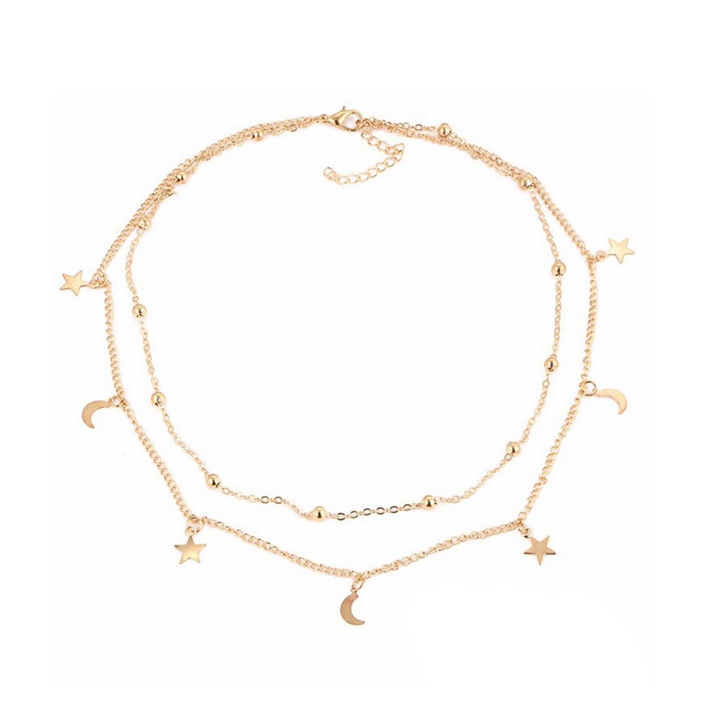 Fashion Women Double Layers Necklace Moon Stars Sexy Clavicle Chain Necklaces Fine Jewelry Gifts M8694
