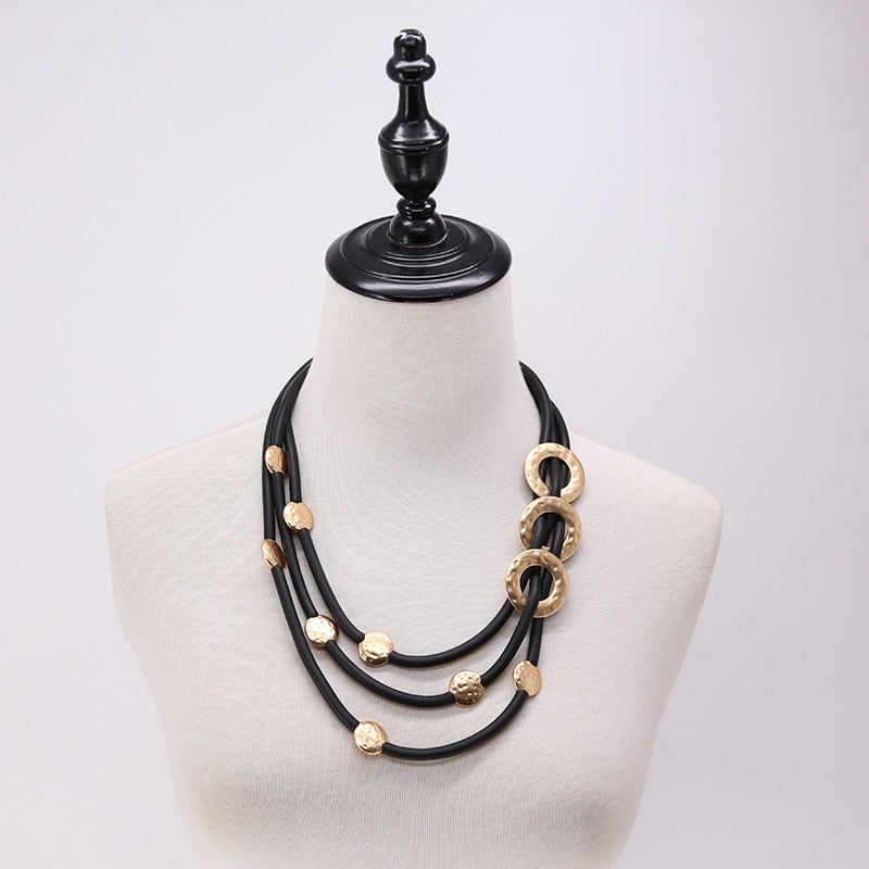 Women Gold Black Silicone Rubber Layered Big Chunky Statement Boho Necklace Collar Mujer Colar Feminino Ketting Jewelry