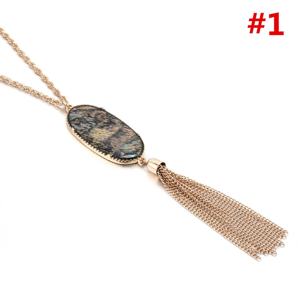 Fashion Women Lady Big Oval Abalone Stone Long Tassel Metal Chain Pednant Necklace Sweater Necklaces Party Jewelry
