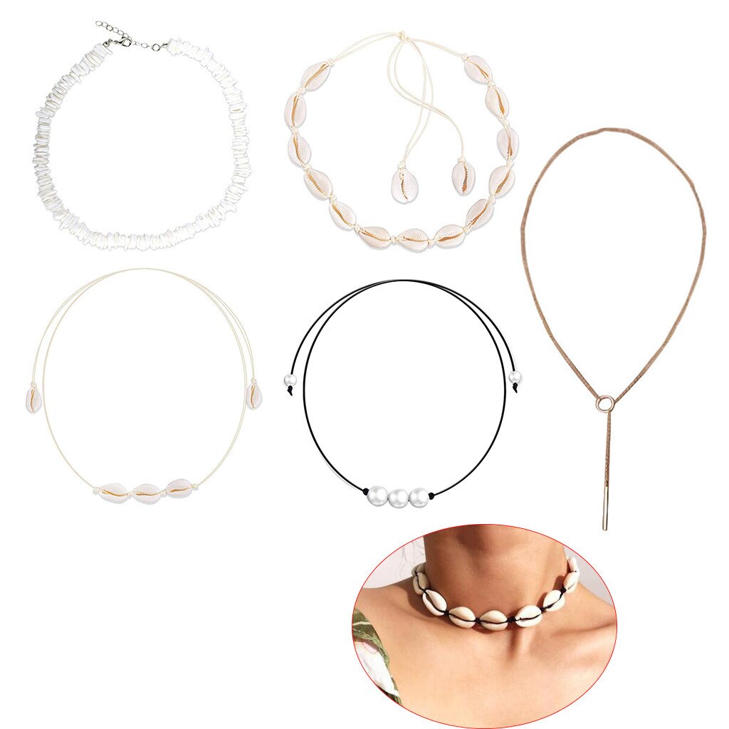 Women Men Girls Necklace Choker 5Pcs/Set  Seashell Natural Adjustable Beach Necklace Set Jewelry Gift