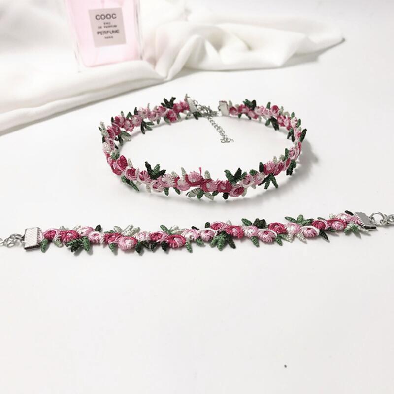 Women Necklace Bracelet Temperament Flower Shape Embroidery Clavicle Chain Temperament Jewelry Daily Accessories