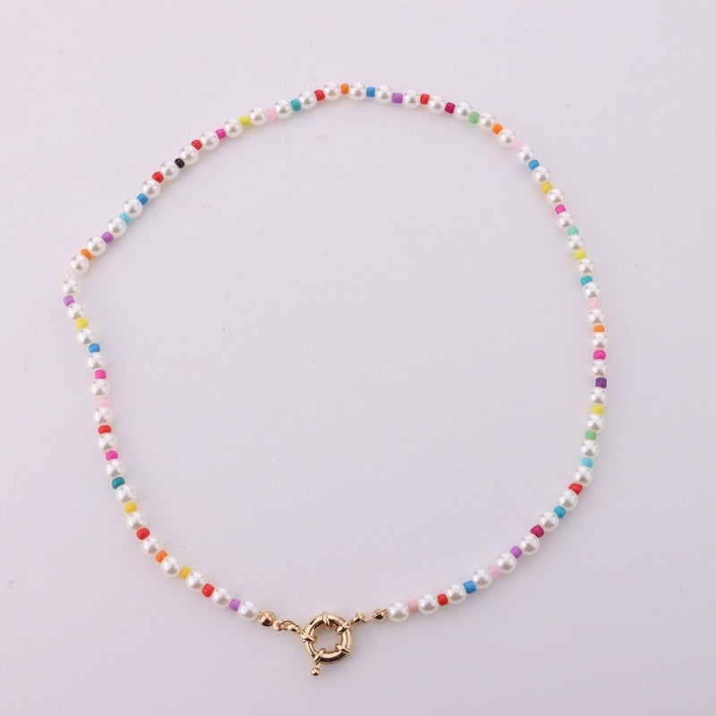 Women Necklace Colorful Rice Bead Necklace Geometric Round Pearl Necklace Lady Clavicle Chain Trend Female Jewelry