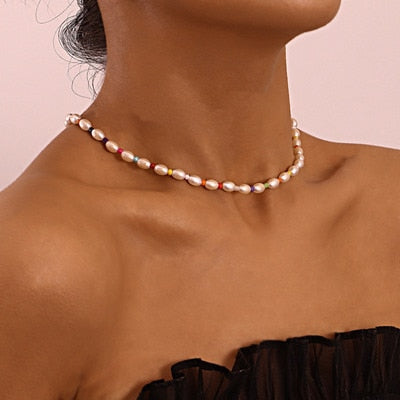Women Necklace Colorful Rice Bead Necklace Geometric Round Pearl Necklace Lady Clavicle Chain Trend Female Jewelry