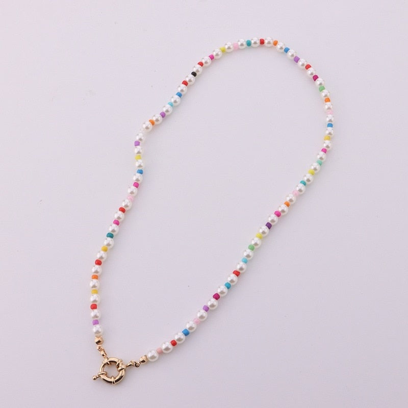 Women Necklace Colorful Rice Bead Necklace Geometric Round Pearl Necklace Lady Clavicle Chain Trend Female Jewelry