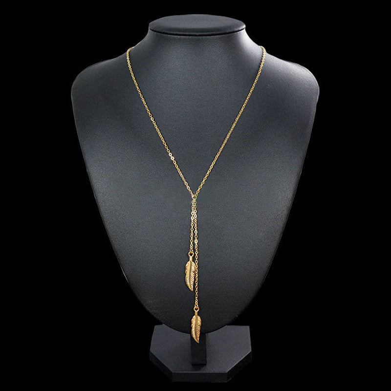 Fashion Women Vintage Long Necklace Jewelry Silver Gold Color Simple Feather Statement Pendan Necklaces Collar Accessories