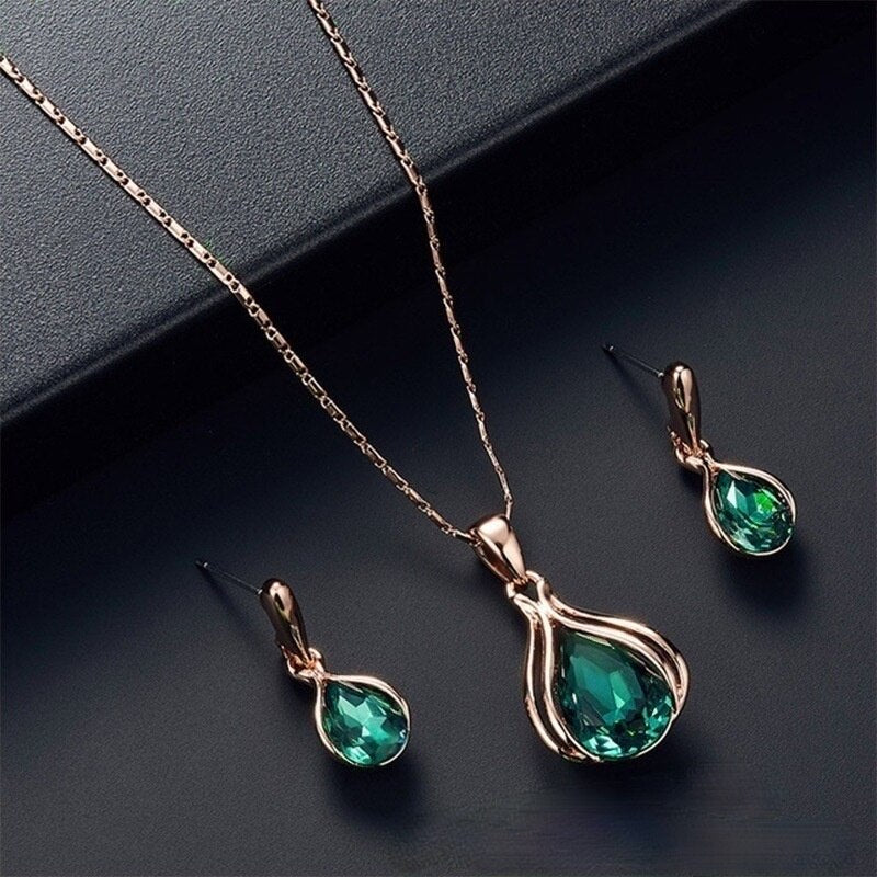 Women's Blue Green Water Drop Shaped Necklace Earring Set Ornament Jewelry Noble Temperament Elegant Vintage Jewelry