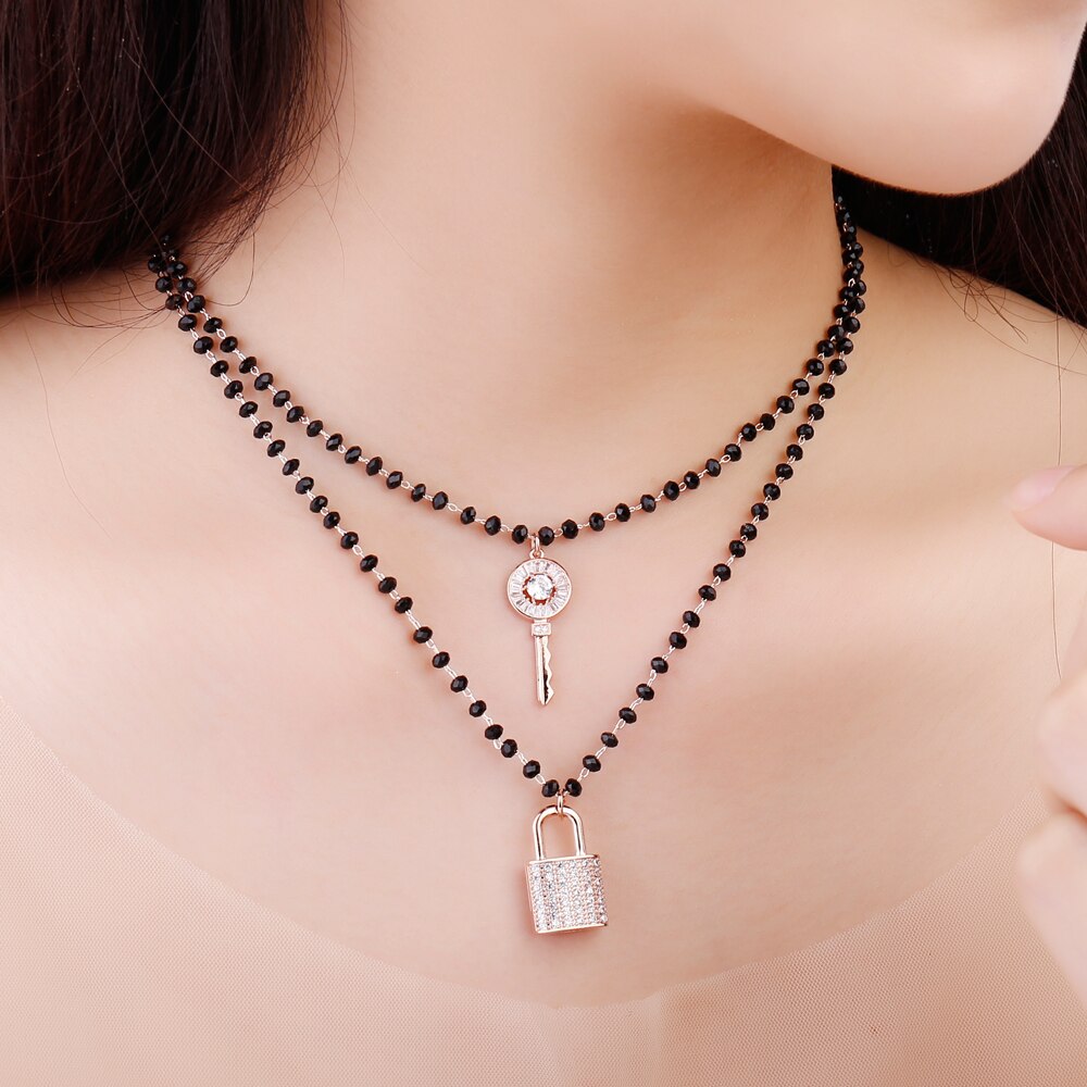 Zircon Key Padlock Pendant Choker Necklaces for Women Double Layer Black Crystal Beads Chain Necklace Jewelry