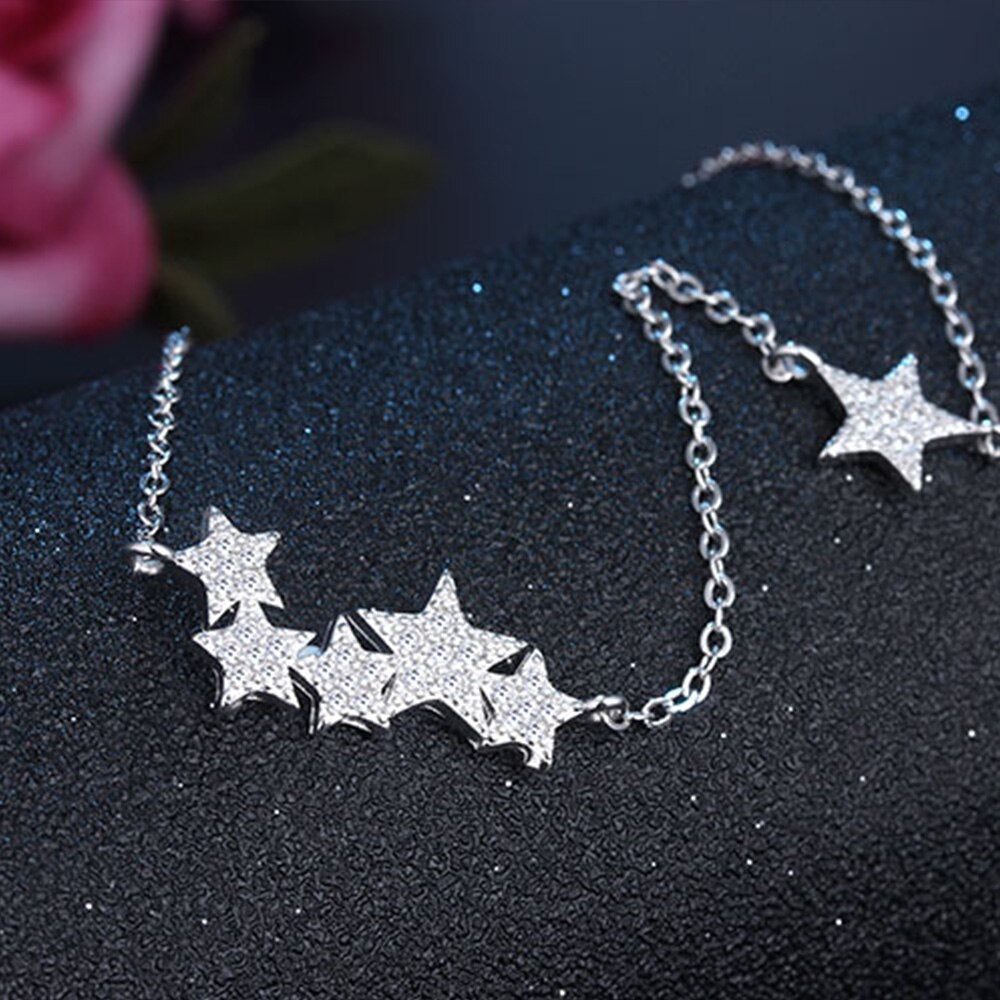 Zircon Six Star Pendants And Necklaces For Women 925 Stamp Silver Color Wedding Party Girl Jewelry Lovers Gift GaaBou