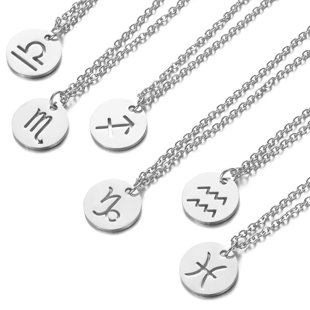 Zodiac Choker Necklace 316L Stainless Steel Women Constellations Silver Color Never Fade Hollow-out 12 Signs Gifts